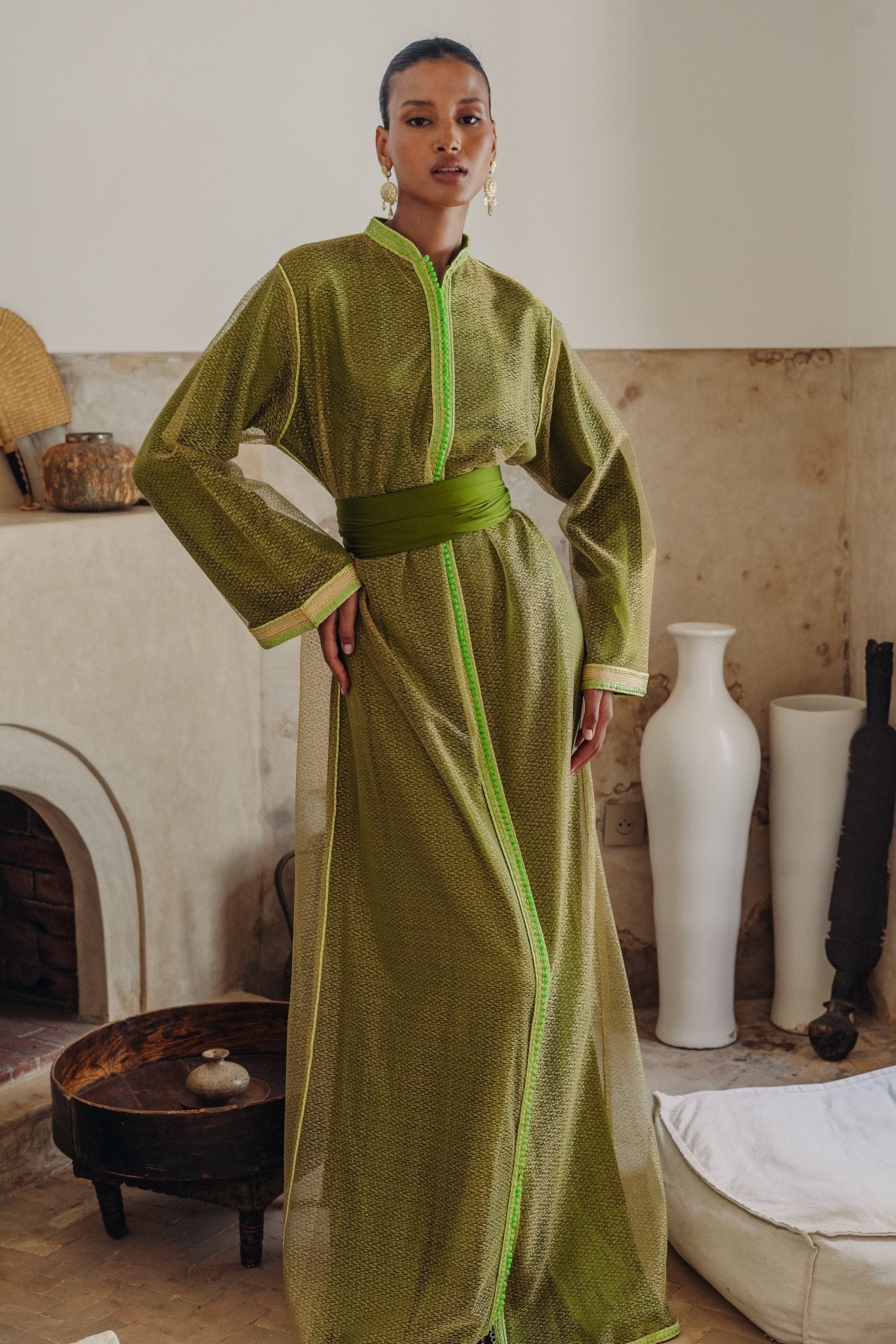 Khadra | Caftan vert en tulle - Boutique de caftans marocains modernes - MAYANE COUTURE