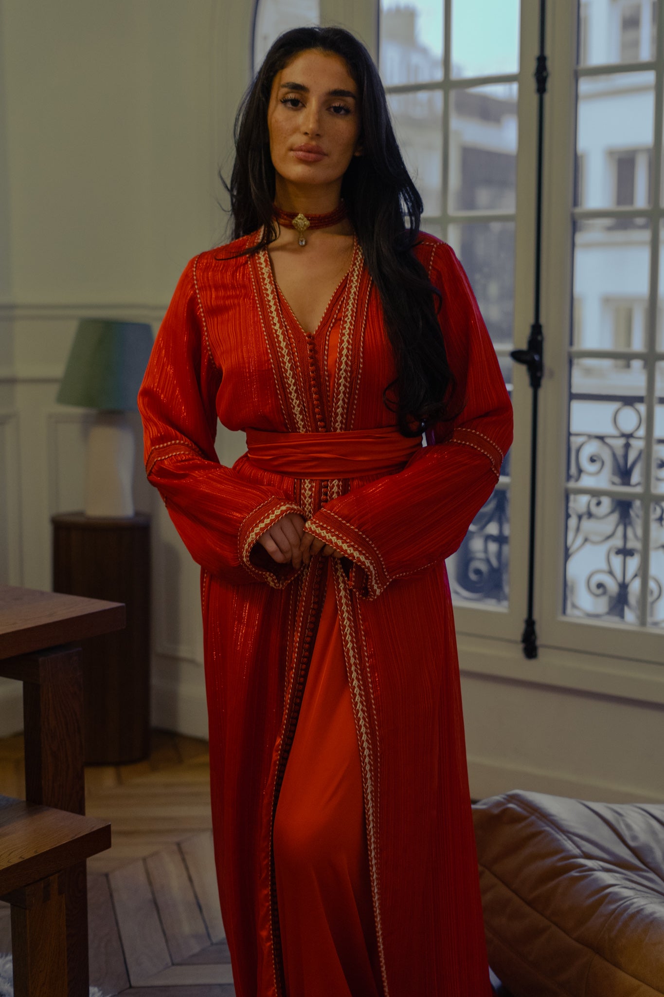 Amira - Takchita mousseline rouge vibrant - MAYANE COUTURE