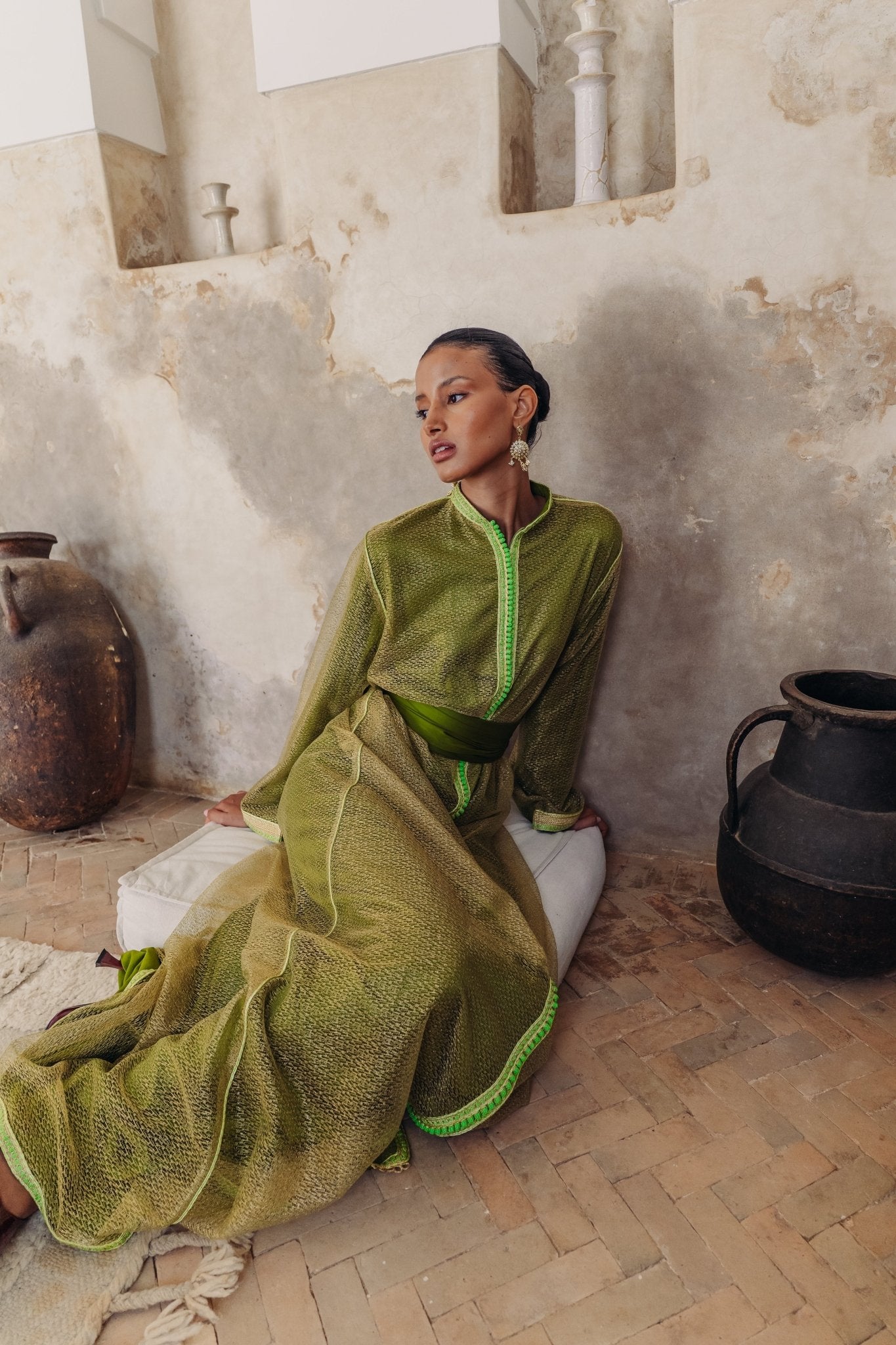Khadra | Caftan vert en tulle - Caftans modernes - MAYANE COUTURE